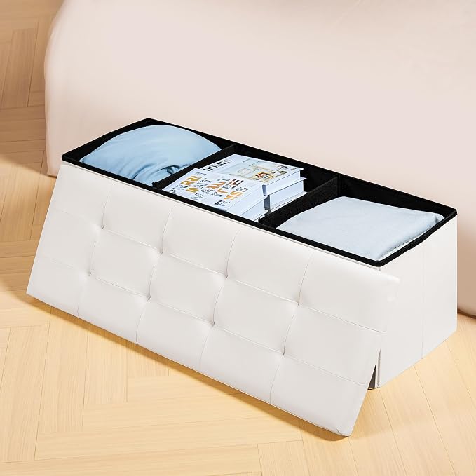 PINPLUS Folding Storage Ottoman Bench with Tray, 43.3inches Faux Leather Long Storage Chest Footrest Seat, Coffee Table, Foot of Bed Storage Bench for Living Room Bedroom, Beige - Image 2