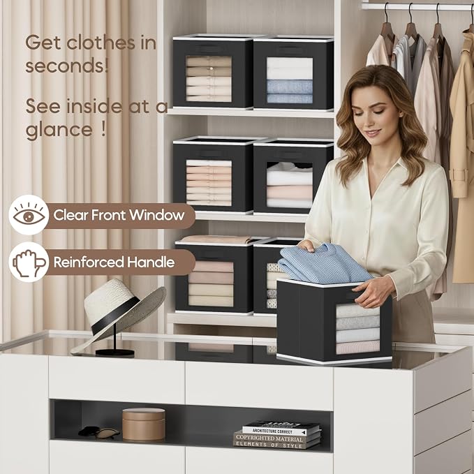 Foldable Storage Cubes - Square Organizer with Window, Decorative Baskets for Organizing, Fabric shelf Basket for Clothes, 11 Inch Closet Storage Cubes, Set of 16, Black - Image 2