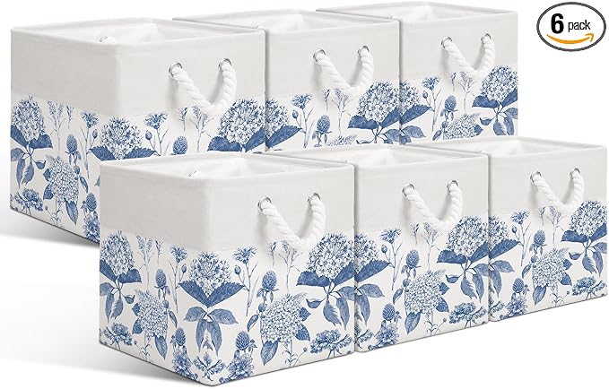 LemonRoad 6 Pcs Blue Hydrangea Cube Storage Bins 11.22 Inch Square Storage Basket with Handle, Preppy Girls Organizer Basket, Collapsible Fabric Box for Classroom Bedrooms Office Home Decoration Gift by Unknown