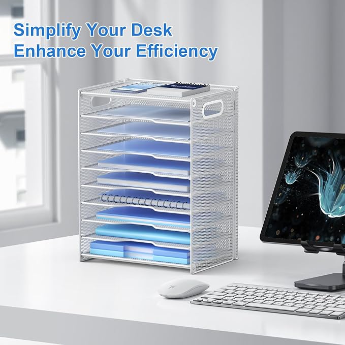 OUTWOLF 10 Tier Paper Organizer - Letter Tray Mesh Desk File Organizer with Handles for Office School Desktop, White - Image 2