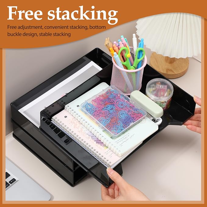 DoubleFill 6 Pcs Stackable Letter Tray Plastic Paper Tray, Black | 13 x 9.5 x 2.6 In, Rectangular, Paper Holder, File Tray for Desktop Office Desk Drawers - Image 5