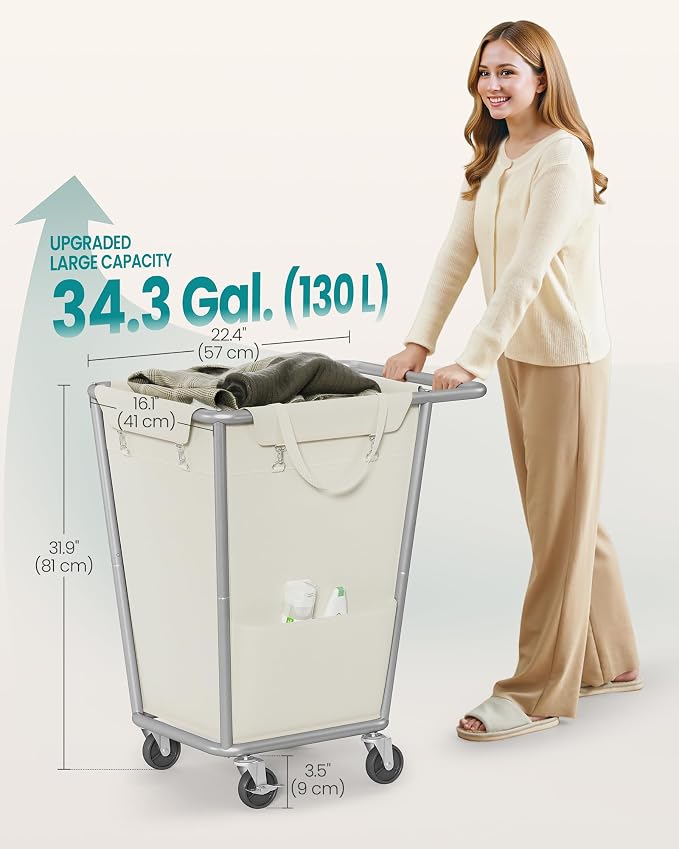 SONGMICS Laundry Basket with Wheels, 34.3 Gallons (130 L) Rolling Laundry Hamper with Removable Bag, Heavy-Duty Steel Frame, Cream White URLS008W01 - Image 6