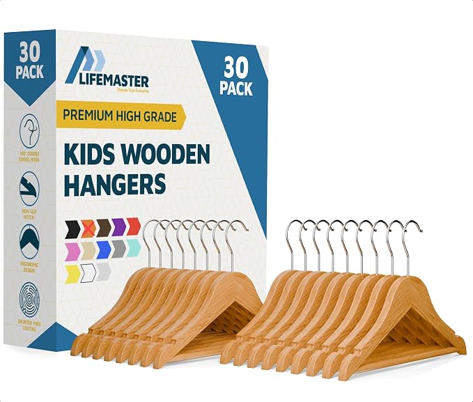 Natural Color Wooden Kids Hangers 30 Pack, Toddler & Baby Wooden Hangers, 11.8" Solid Maple Wood with 360° Swivel Hook, Pants Bar & Notches, Up to 7.7lb Capacity, Space-Saving Design for Ages 0–8 by LIFEMASTER