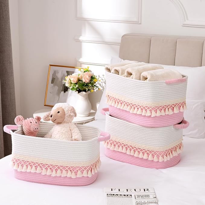 2 Pack Storage Basket for Shelves, Boho Cotton Rope Storage Bins with Heavy Tassel, Shelf Baskets Large Woven Baskets for Organizing, Cube Organizer Bins, Baby Laundry Basket for Clothes, Toys, Pets - Image 4