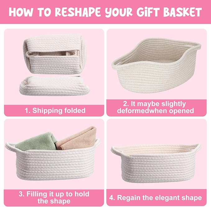 Hoolerry 8 Set Small Woven Gift Basket Empty with Bag Bow Raffia Pastel Cotton Rope Storage Box with Handle for Toy Storage Nursery Shelf Organizing Baby Shower Birthday Gift Basket, 12"x 8" x 5" - Image 5