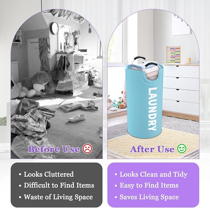 95L Foldable Blue Laundry Basket with Handles, Big Clothes Hamper for Bedroom, Dirty Clothes Basket Stand Upright, Portable Laundry Bag for Dorm, Nursery, Family, Blue - Image 3
