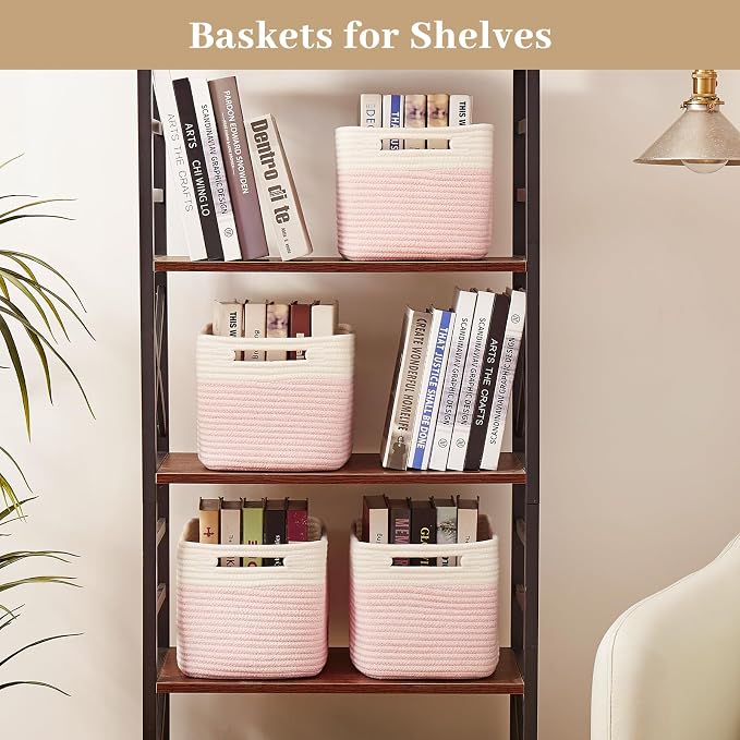 OIAHOMY 4 Pack Storage Basket, 13"x9"x7.8" Cotton Rope Baskets for Shelves, Closet Organizer for Bedroom & Living Room, Soft Decorative Bins for Organizing Towels, Books & Toys, Pink & White - Image 6