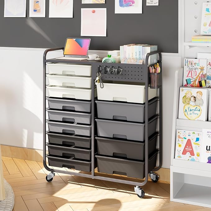 14 Drawer Rolling Storage Cart with Tabletop and Pegboard for Crafts Grey | Easy Setup, Large Capacity, Sturdy Build, Smooth Mobility, For classroom, office and dorm supplies - Image 9
