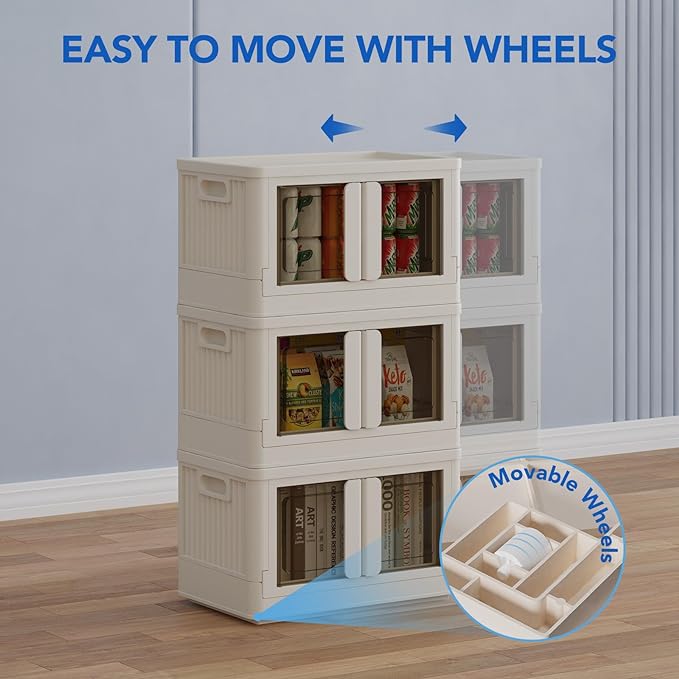 FLEXIMOUNTS 75 QT Stackable Plastic Storage Bins With Lids, Milky White | Collapsible Foldable Storage Bins with Front Doors and Built-in Wheels, Organizers and Storage for Home, Dorm, 2 Pack Cubes - Image 5