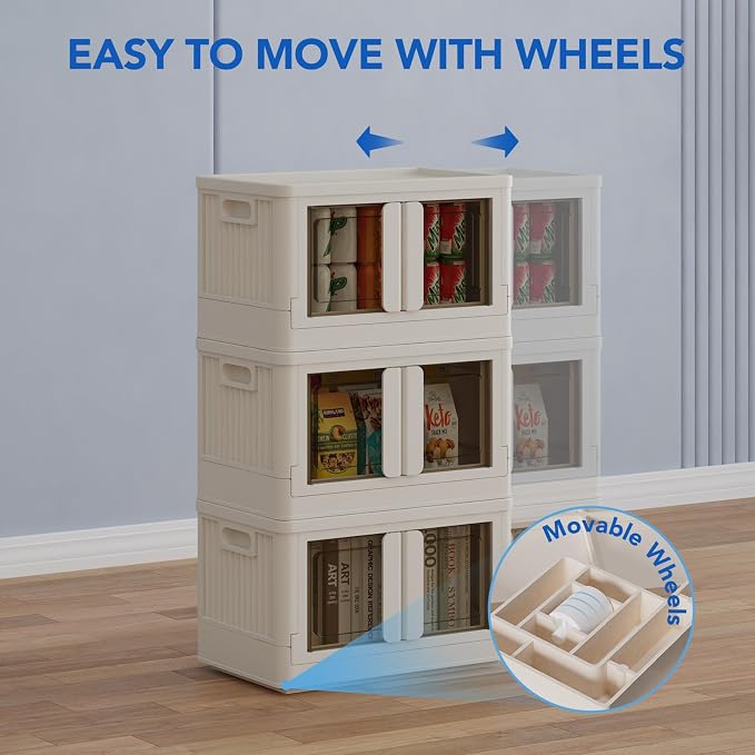 FLEXIMOUNTS 150 QT Stackable Plastic Storage Bins With Lids, Milky White | Collapsible Foldable Storage Bins with Front Doors and Built-in Wheels, Organizers and Storage for Home, Dorm, 4 Pack Cubes - Image 5