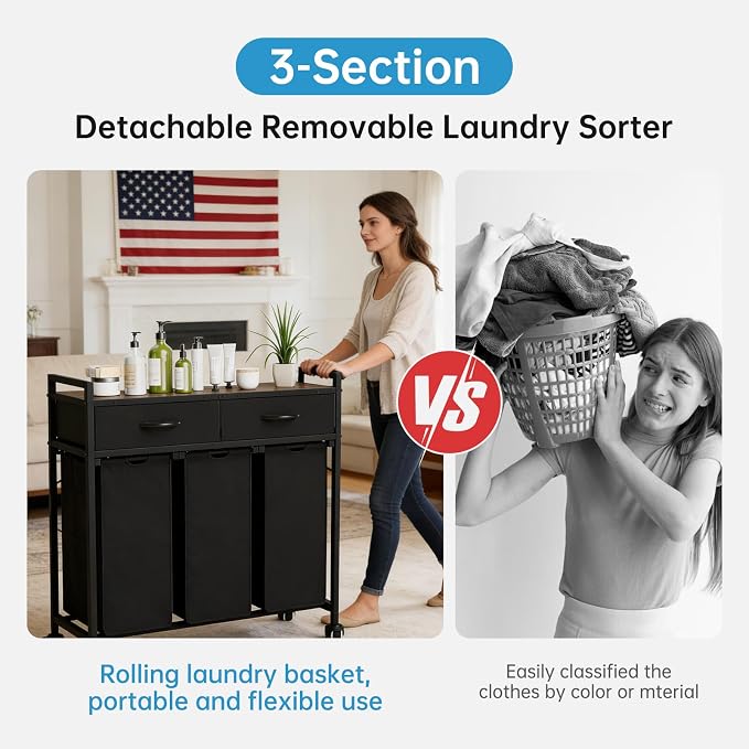 Laundry Sorter with 3 Section Pull Out Bags Rolling Laundry Basket Organizer with 2 Drawers Laundry Hamper with Shelves and Wheels for Laundry Room, Bathroom, Bedroom Organization (1 Tier) - Image 4