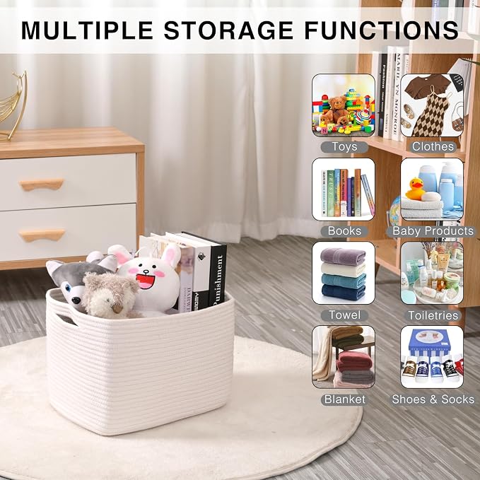 ICERZCZ Storage Baskets for Organizing Shelves 15x11x9.5 Off White 3 Packs | Woven Cotton Rope Bins for Baby Nursery Organization, Book Toy Towel Organizer, Living Room, Bedroom, Bathroom, Kid's Room - Image 4