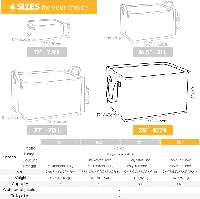 Hinwo 102L XXL Canvas Storage Bin with Lid and Handles, 2-Pack | Collapsible Fabric Baskets, Closet Shelf Organizers, Containers for Clothing, Blankets, Toys, Bedding (White) - Image 7