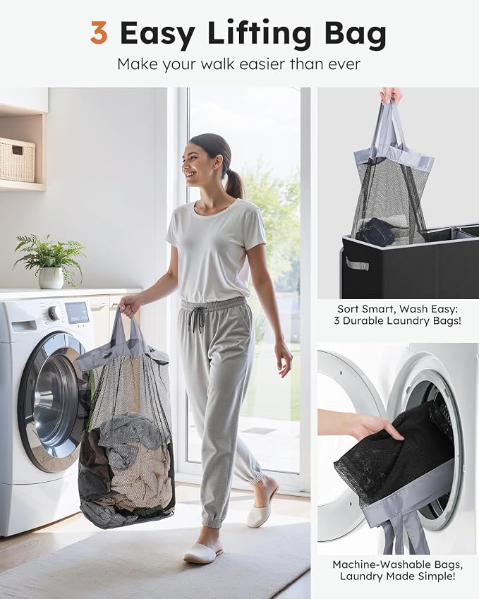 SOLEDI Large Laundry hamper 3 Section with Laundry Bag, XL Clothes Basket | 3-Section Large capacity Laundry Sorter with Odor-Blocking Lid, Robust Iron Frame & Waterproof 600D Fabric, 3 Washable Bags - Image 3