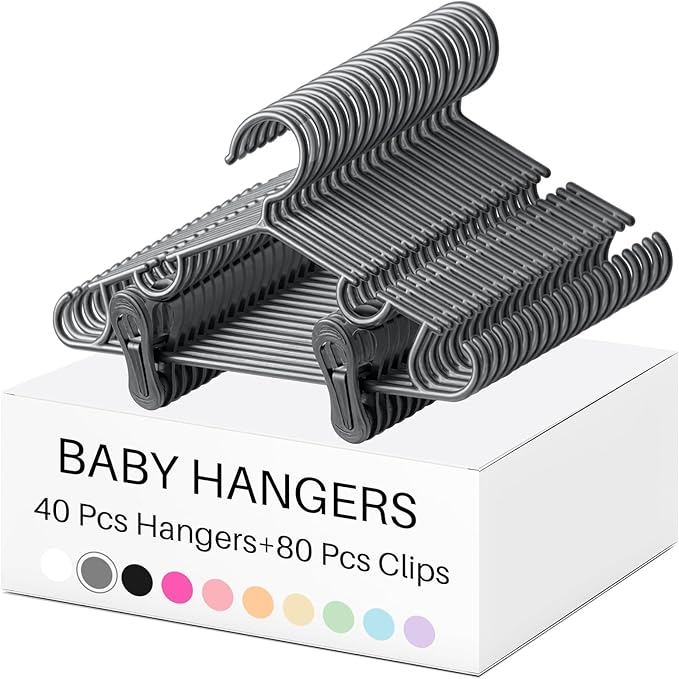 Hsei Baby Hanger with Clip for Pant,120 Packs Total,Gray,10.6 Inch | 40 Kids Plastic Hanger with 80 Clips for Newborn, Nursery, Daycare, Preschool, Closet, Wardrobe Organizer for Baby Shower by Hsei