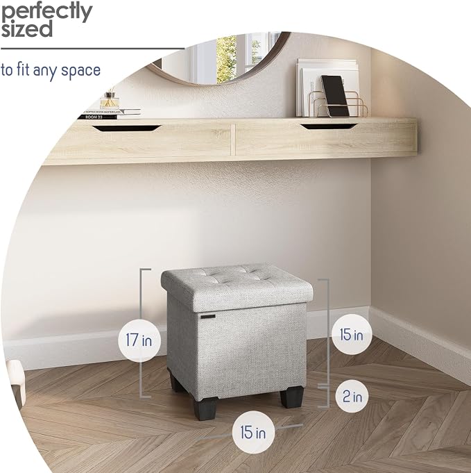 Storage Ottoman Cube with Small Bin, 15-in Square Ottoman with Storage for Living Room and Bedroom, Small Ottomans Foot Rest, Fabric Foot Stools Ottomans Max 330lbs, Light Grey - Image 8