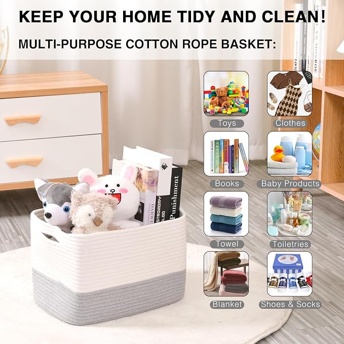 Grey Storage Baskets for Organizing Shelves, Woven Cotton Rope Baskets for Storage, Dog Toy Basket Storage Kids, Gray Shelf Basket, 14.8"×11"×9.5", Pack of 3, Off White & Grey - Image 4