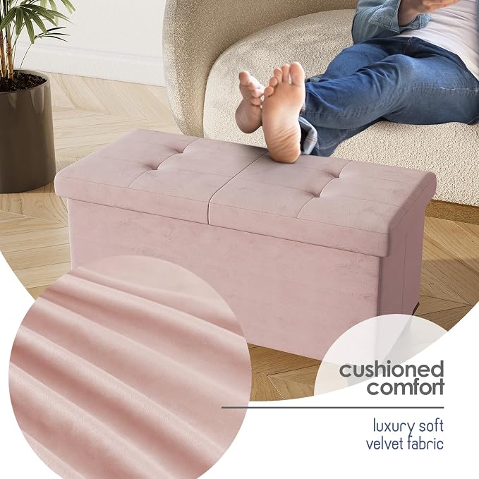 Storage Ottoman Bench with Bins, 30-in Storage Bench for Bedroom End of Bed, Folding Foot Rest Ottoman for Living Room Max 660lbs, Velvet Ottomans, Pink - Image 7
