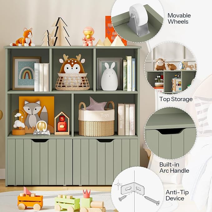 HOOBRO Toy Storage Organizer, Toy Organizers and Storage with 2 Movable Drawers and 5 Cubbies, Toy Chest Shelf for Books or Dolls, Kids Bookshelf and Toy Storage for Playroom, Green GN88CW01 - Image 8