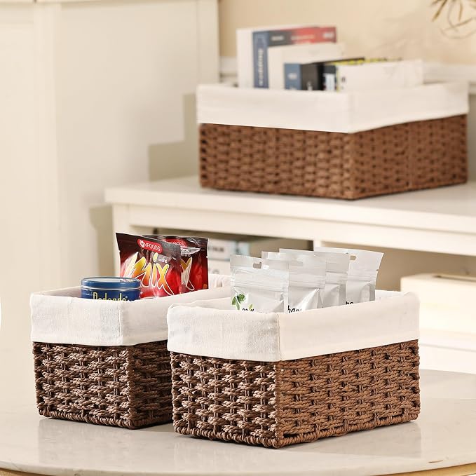 Wicker Basket, Set of 3 Hand-woven Storage Baskets for Organizing, Decorative Rectangle Wicker Storage Basket Bins with Handles, Small Toilet Paper Storage Baskets for Shelves & Decor, Brown - Image 4