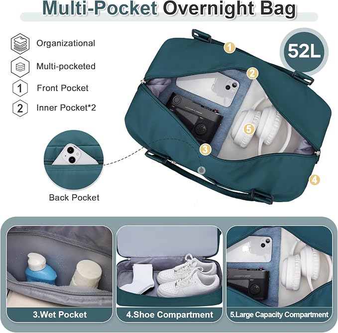 Large Weekender Bags for Women, Travel Duffel Bags with Shoe Compartment,Personal Item Travel Carry on Overnight bag for women Travel 3PCS,Peacock Blue - Image 4