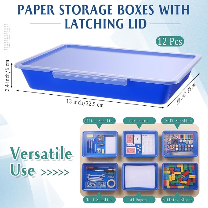 12 Pcs Classroom Paper Storage Bins with Clear Latching Lid, Label Stackable Letter Size Flat Tray Container for Teacher Back to School Supplies Home Office Desk Arts Crafts (Blue,13x10in) - Image 2