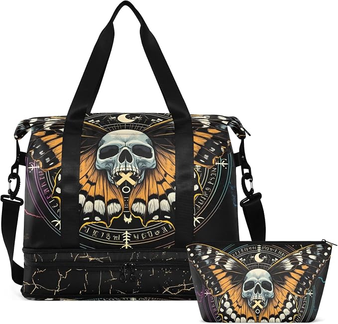 MNSRUU Travel Duffel Tote Bag Mysterious Skull Horoscope Black Gold Marble Stripe Sports with Wet Pocket Weekender Overnight for Women Men Gym Bag, Carry On Hospital Labor & Delivery by MNSRUU