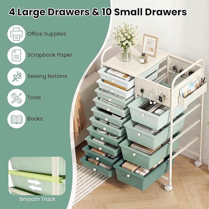 GOFLAME 14-Drawer Rolling Storage Cart with Pegboard, Craft Storage Cart with Lockable Wheels and Metal Frame, Art Cart Supply Storage Organizer for Home Office Classroom, Green Gradient - Image 4