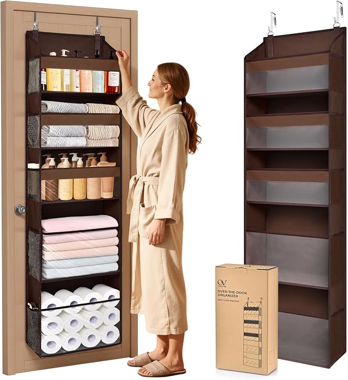 5 Tiers Over Door Organizer with 10 Mesh Side Pockets, 44 lbs Weight Capacity Hanging Storage Organizer with Clear Window Kids Toys, Shoes, Diapers, Dark Brown by ORDOVIBE