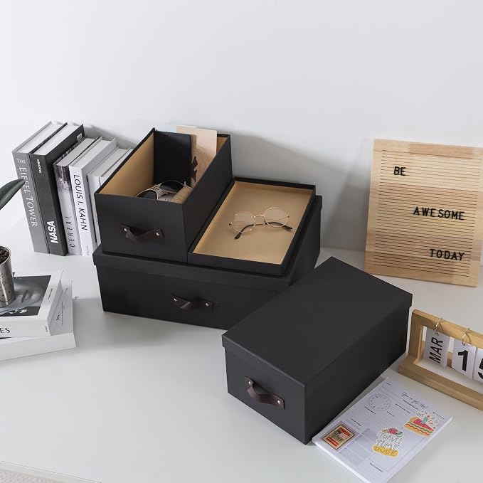 Soul & Lane - Decorative Storage Boxes with Handles, Set of 3, Dark Gray | Sturdy Cardboard Photo Organizers with Lids for Office and Home, Grey Nesting Storage Containers for Documents and Decor - Image 8
