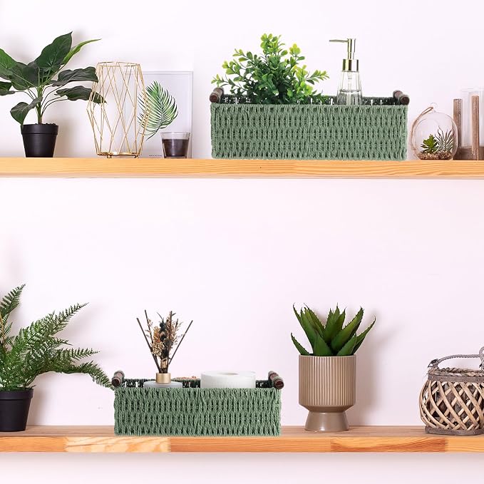 Boao 3 Pcs Boho Storage Wicker Baskets Handmade Woven Decorative Paper Rope Baskets for Organizing with Handle Countertop Toilet Paper Storage Container for Toilet Tank Top - Image 6