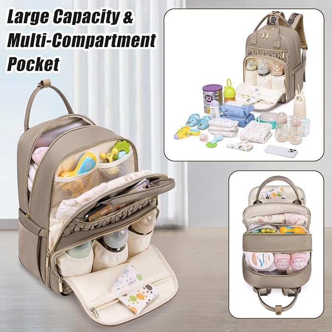 Tealari Diaper Bag Backpack,Stylish Baby Diaper Bag,Waterproof Travel Diaper Backpacks Baby Bags with Changing Pad,Stroller Straps,Insulated Pockets (Khaki) - Image 6