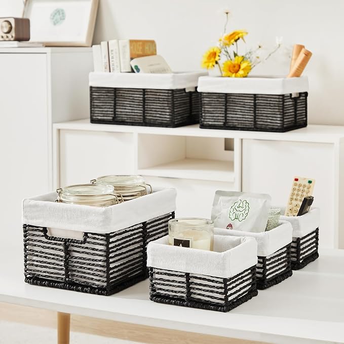 Wicker Storage Basket, 6 Pack Baskets for Organizing, Wicker Baskets with Handle, Rectangular Woven Basket for Storage Shelves, Cube Storage Bins for Closet/Clothes/Dresser, Black - Image 7