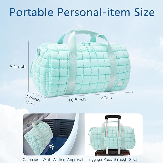 Quilted Gym Bag for Women,Duffle Bag for Travel with Wet Pocket,Carry on Weekender Bags for Women,Travel Bag with Shoe Compartment (Ice blue) - Image 3
