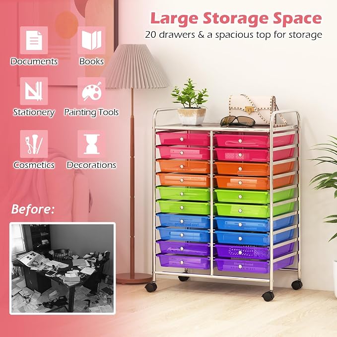RELAX4LIFE 20 Drawer Rolling Storage Cart, Mobile Rolling Cart w/Drawers for School Classroom Teacher Office Home Salon, Paper File Art Supply Craft Organizer, Utility Cart on Wheels (Rainbow) - Image 4