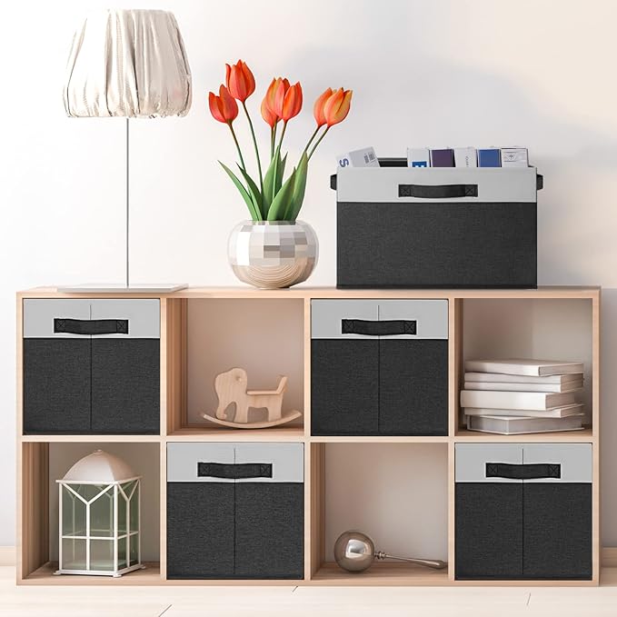 GhvyenntteS Large Storage Baskets for Shelves 6 Pack, Collapsible Fabric Storage Bins with 3 Handles, Decorative Closet Organizers and Storage bins for Clothes Blanket Beddings (Black, 15"x11"x9.6") - Image 2