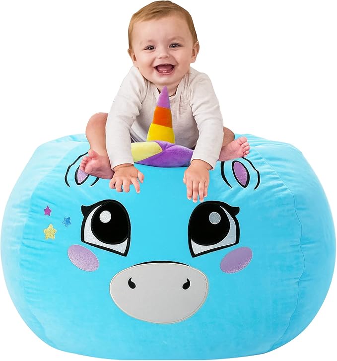 Aubliss Stuffed Animal Storage, Velvet Bean Bag Chairs Cover, Large 32" | Ultra Soft Kids Toy Storage Organizer for Blankets Towels Clothes, Blue Big Eyes by Aubliss