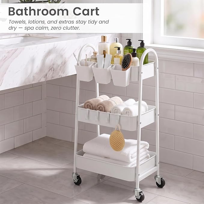 danpinera 3-Tier Rolling Cart, Utility Cart Mobile Metal Rolling Storage Cart with Lockable Wheels & Hanging Cups & Hooks for Kitchen, Bathroom, Office, Workshop, White - Image 6
