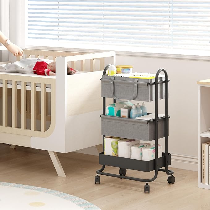 2In1 Baby Diaper Caddy Organizer with Dividers,3-Tier Diaper Rolling Cart,Mobile Metal Utility Cart for Baby Nursery,Baby Bedside Cart, Large Capacity Black - Image 6