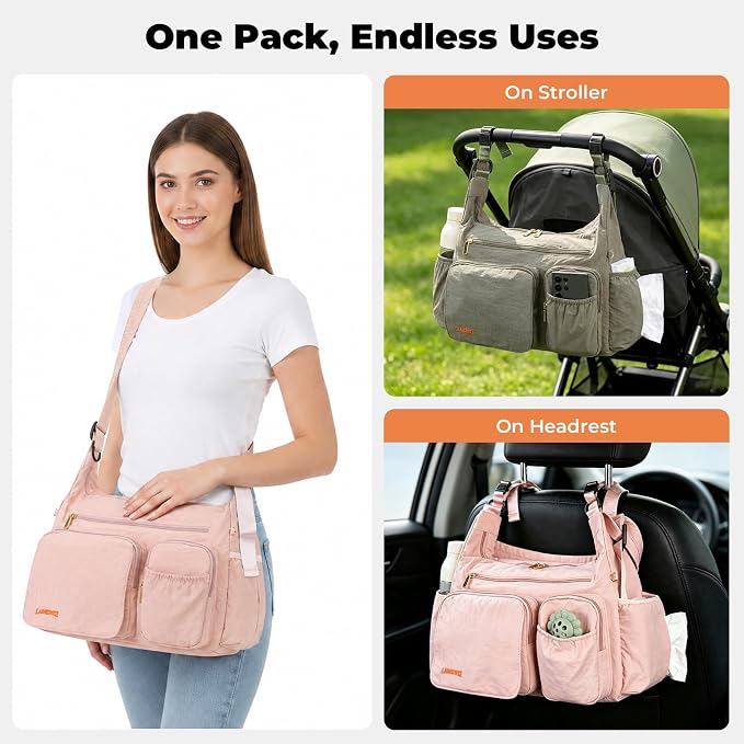 Puffy Crossbody Diaper Bag, 2-in-1 Stroller Caddy & Mom Purse, 13L Lightweight Travel Duffle Bag for Baby, Work Commute, Gym, Labor Delivery (Apricot pink) - Image 4