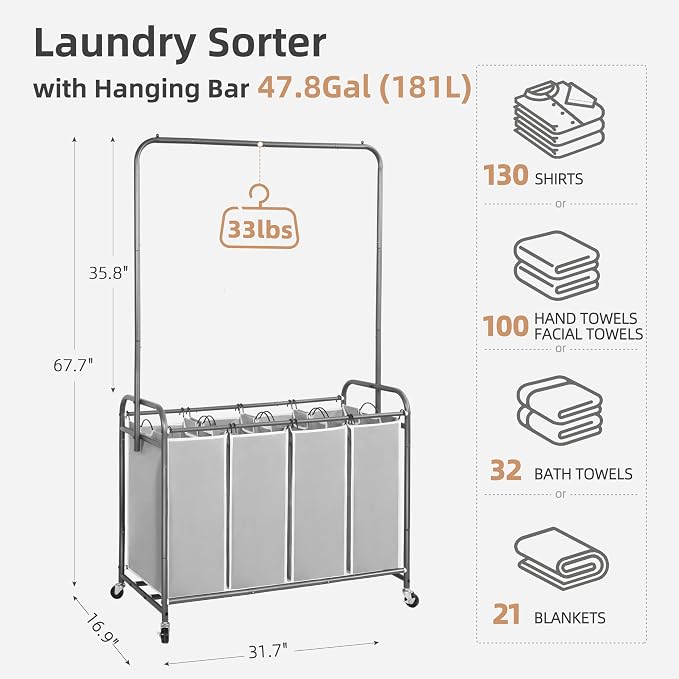 STORAGE MANIAC Laundry Sorter with Hanging Bar, Portable, Removable Laundry Hamper Cart with Heavy Duty Lockable Wheels and Removable Bags, Rolling Laundry Basket Organizer 181L, 4 Section Gray - Image 3