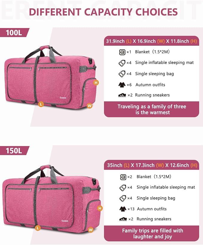 Gonex 100L Foldable Travel Duffle Bag with Shoe Compartment, Lightweight | 210D Nylon, Water-Repellent, Folds Compact, Multiple Pockets, Luggage Sleeve,Family Travel & Camping, Pink - Image 3