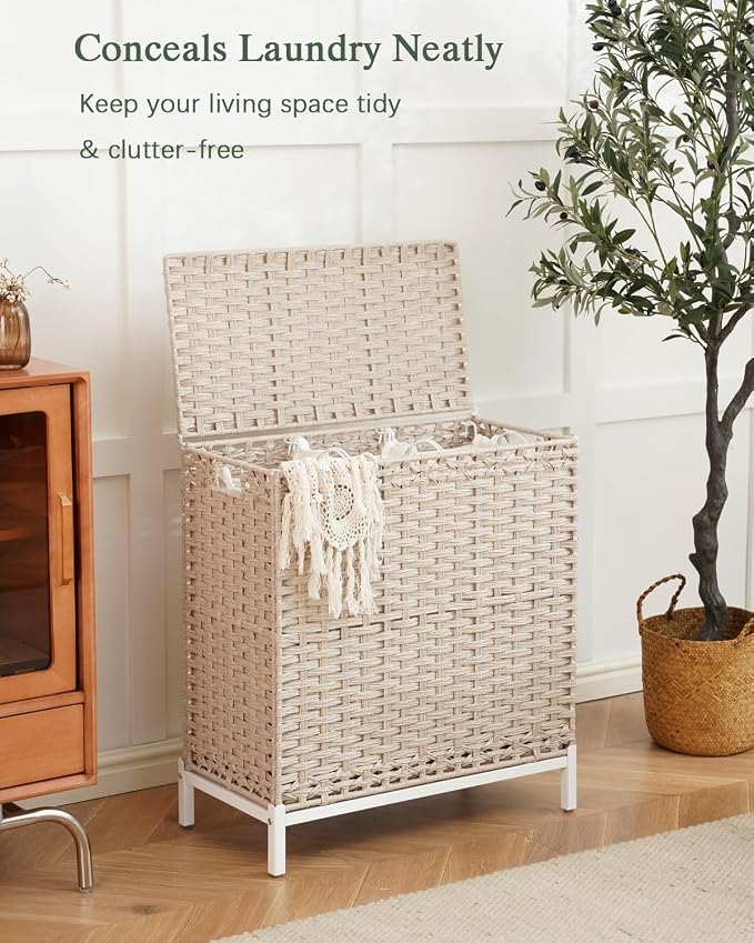 SETVSON Laundry Hamper with Lid,Clothes Hamper with Lid,132 L, Light Khaki | 35 Gallons, Handwoven Rattan Laundry Hamper, Metal Heightened Feet, 3 Removable Liner Bags for Laundry - Image 9