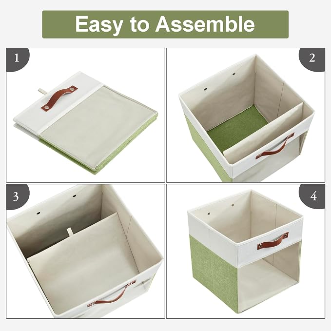 Storage Cubes, 4 Pack Linen Foldable Storage Bins (13 x 13 inch) with Clear Window and Handles, Fabric Organizer for Shelf Closet, Clothes, Books - (Green and White) - Image 3