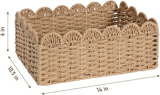 2 Pack Foldable Scalloped Basket, Handwoven Wicker Storage Baskets for Shelves Books Toys Towels, 14" L x 10.5" W x 6" H Natural Paper Rope Rattan Baskets for Organizing Boho Farmhouse Home Decor - Image 5