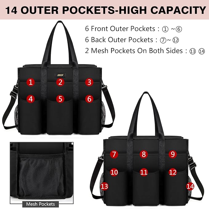 IBFUN Utility Tote Bag with 24 Pockets, Large Teacher Travel Tote for Women | Large Work Tote Bag 2pcs with Zipper for Travel Daily School Teacher Nurse, Large Lightweight Laptop Shoulder Bag Handbag - Image 3