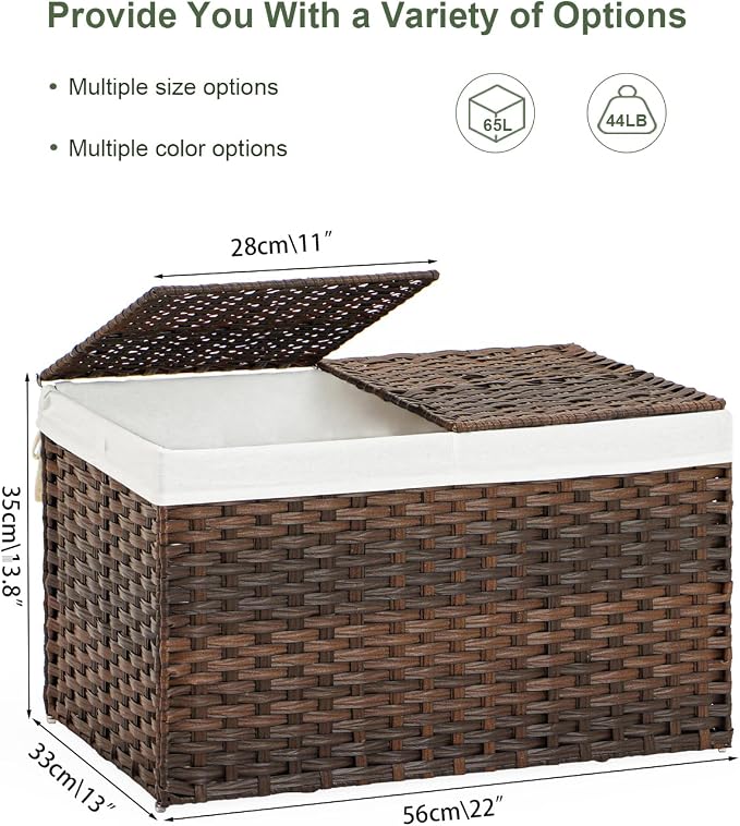 SETVSON Storage Basket with Lid, 2-Lid PE Rattan Storage Bin, Brown | 65L Storage Bin with 2 Separate Lids, 2 Removable Liners with Divider for Clothes & Blankets, Sturdy Frame, Brown - Image 4