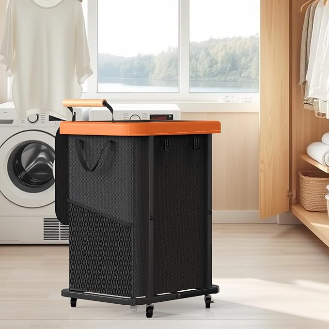 Laundry Hamper with Lid,Leather Patchwork Laundry Basket with Wheels 40Gal | Rolling Laundry Basket with Bag & Handles,Laundry Basket Organizer for Laundry Room,and Bathroom,Laundry Room - Black - Image 7