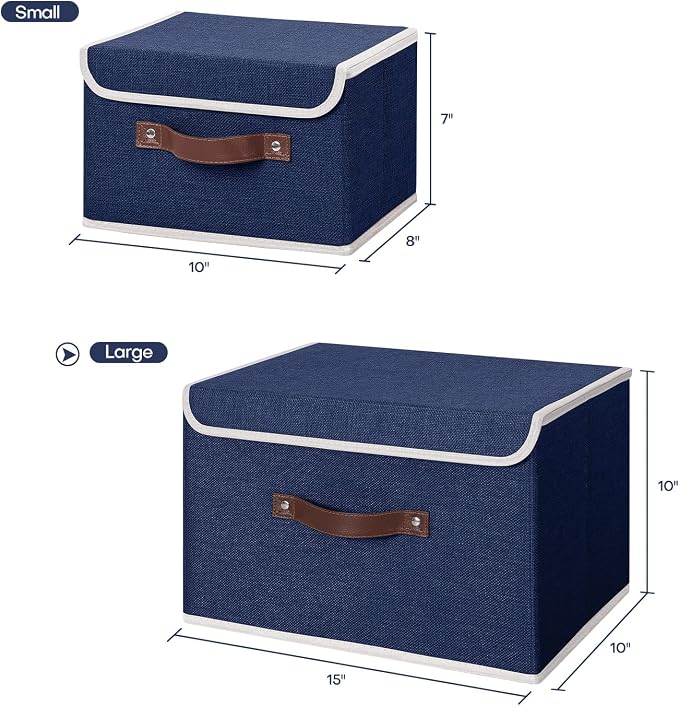 ANMINY Fabric Storage Box Bins with Lids, Blue, 15"x10"x10" | Keepsake Memory Storage, Cotton Linen, PP Board Reinforced, Washable, PU Handles, Foldable & Stackable, Decorative, Large - Image 5