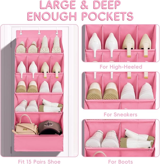 1 Pack Over-the-Door-Shoe-Organizers, Hanging Shoe Organizer Large Pocket | Shoe Holder Hanging Shoe Rack for Closet Shoe Organizer for Wall, Over Door Organizer with 15 Pockets for Boot, Sneaker, Pink - Image 3